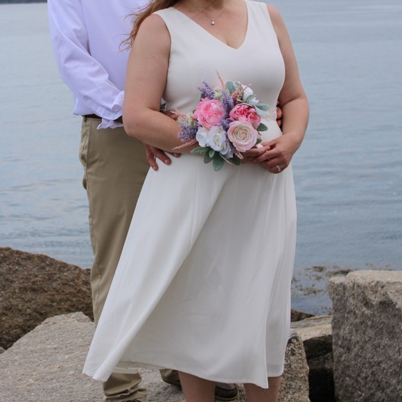 Calvin Klein V-Neck A-Line Midi Dress with Tie Belt Off-White color - size 14 - Picture 2 of 13